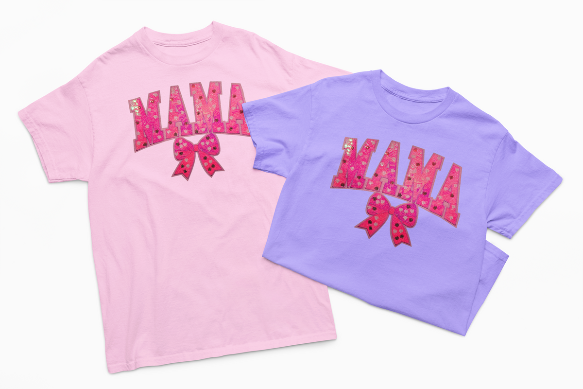 Neon Pink Mama Sequin Chenille Patch T-Shirt