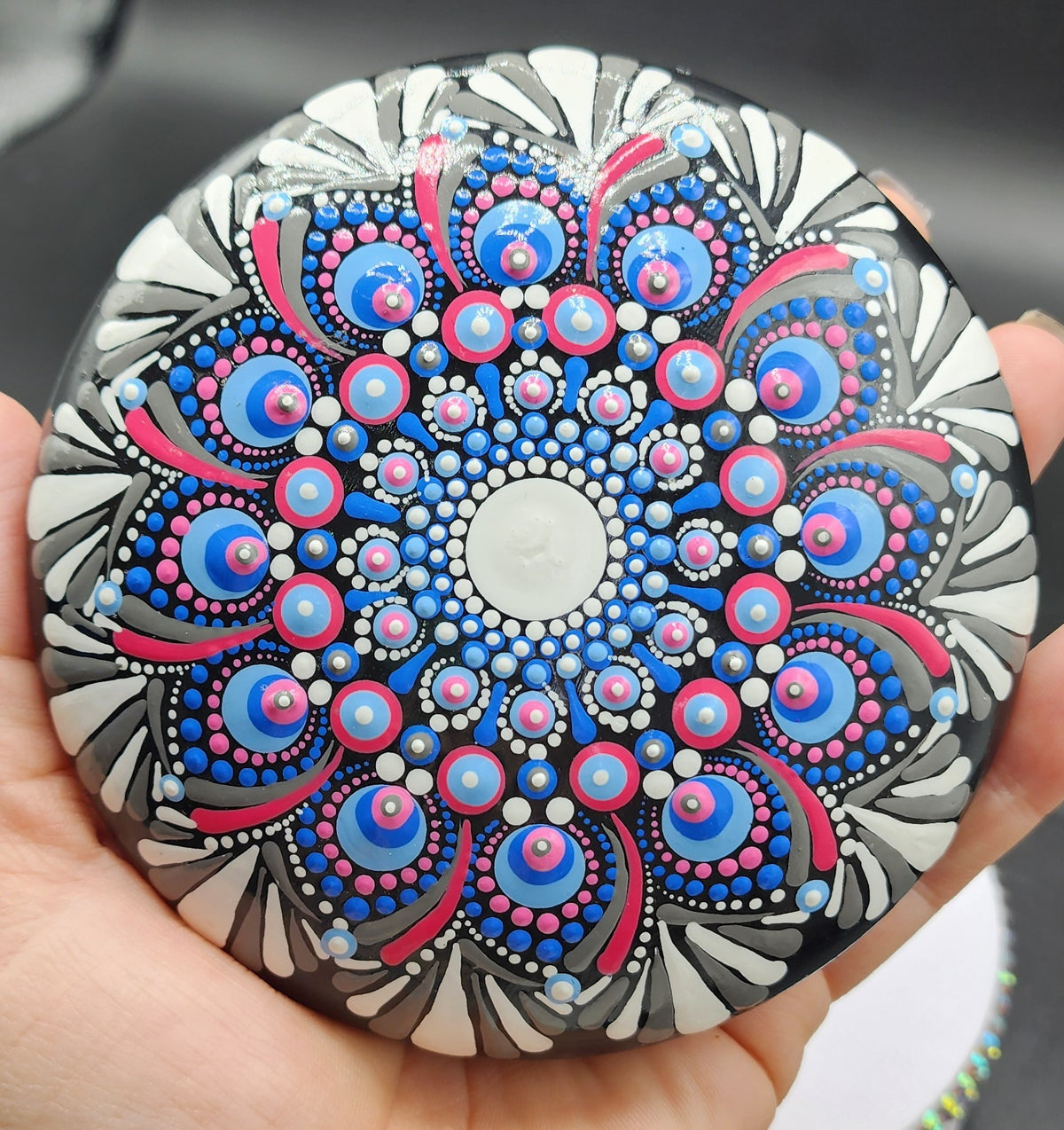 Celina Miller Art - Pink blue and Grey XL Mandala Stone