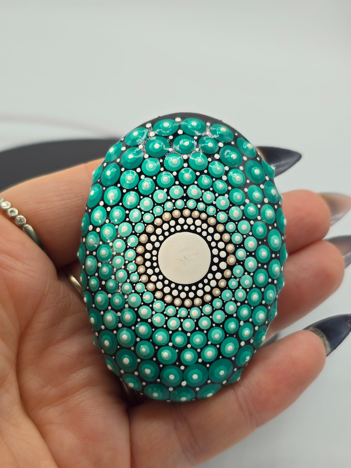 Celina Miller Art - Teal and White Mandala Palm Stone