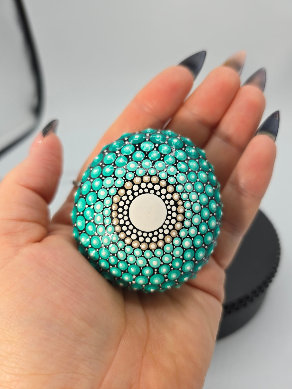 Celina Miller Art - Teal and White Mandala Palm Stone