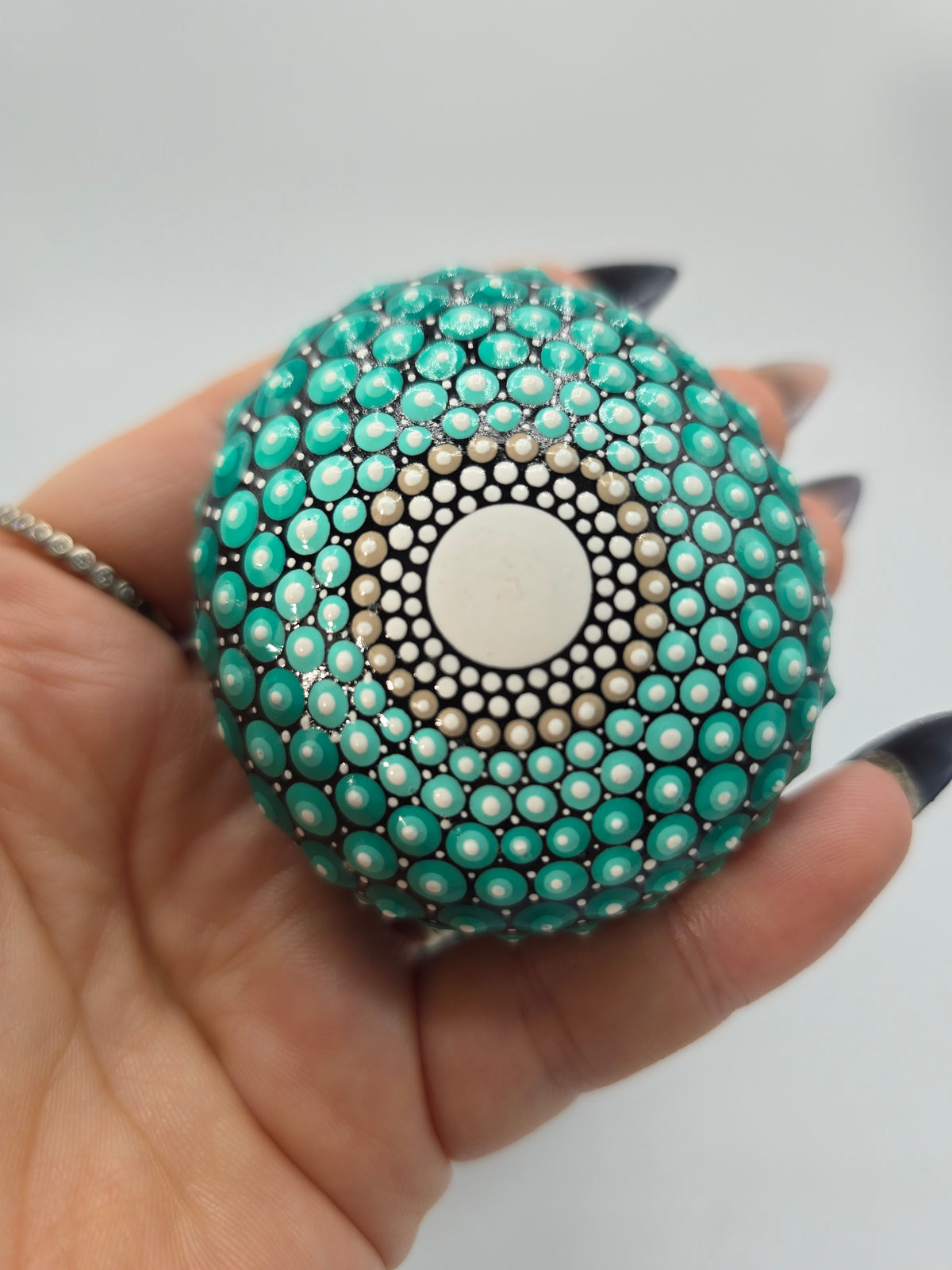 Celina Miller Art - Teal and White Mandala Palm Stone