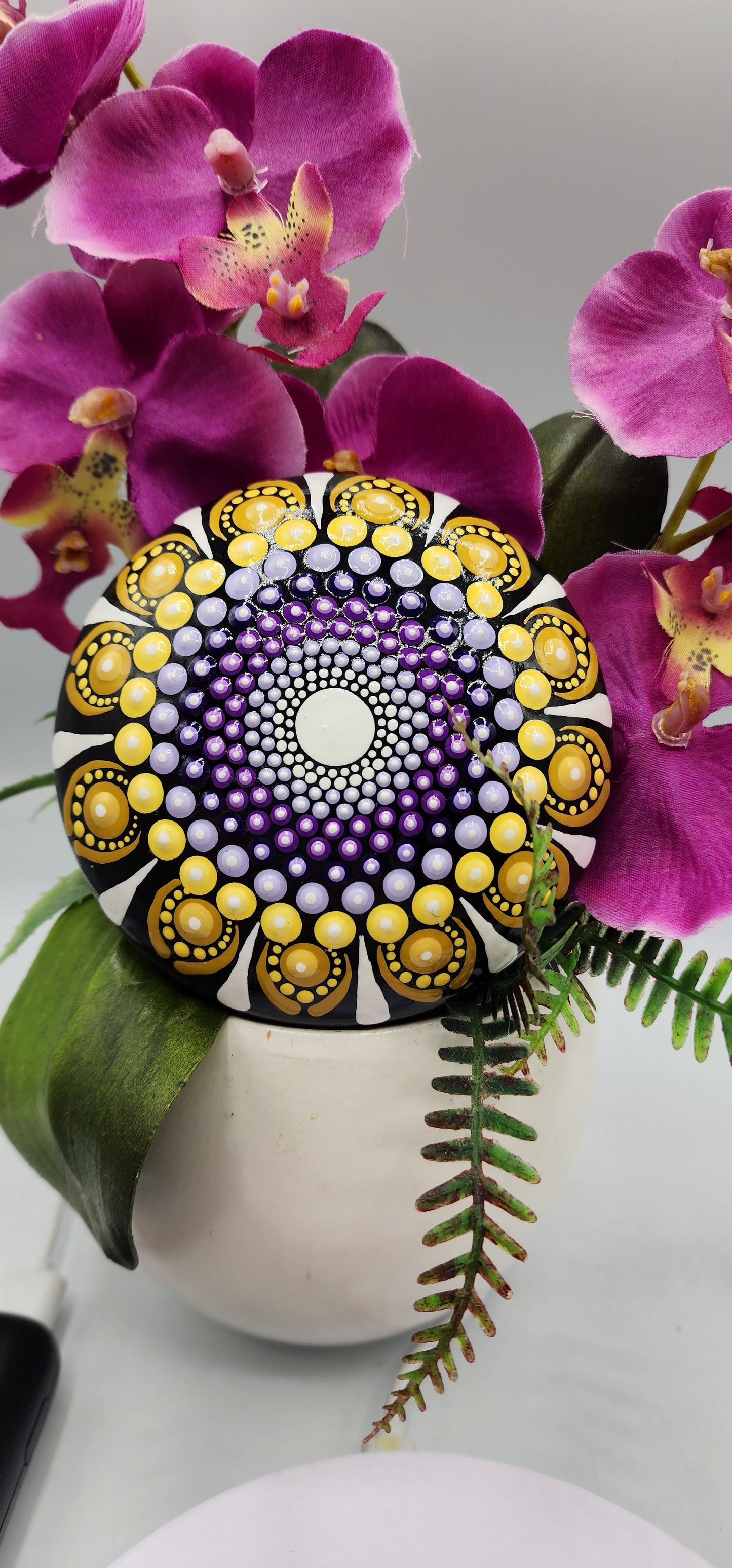 Celina Miller Art - Black, Yellow and Purple Mandala Stone