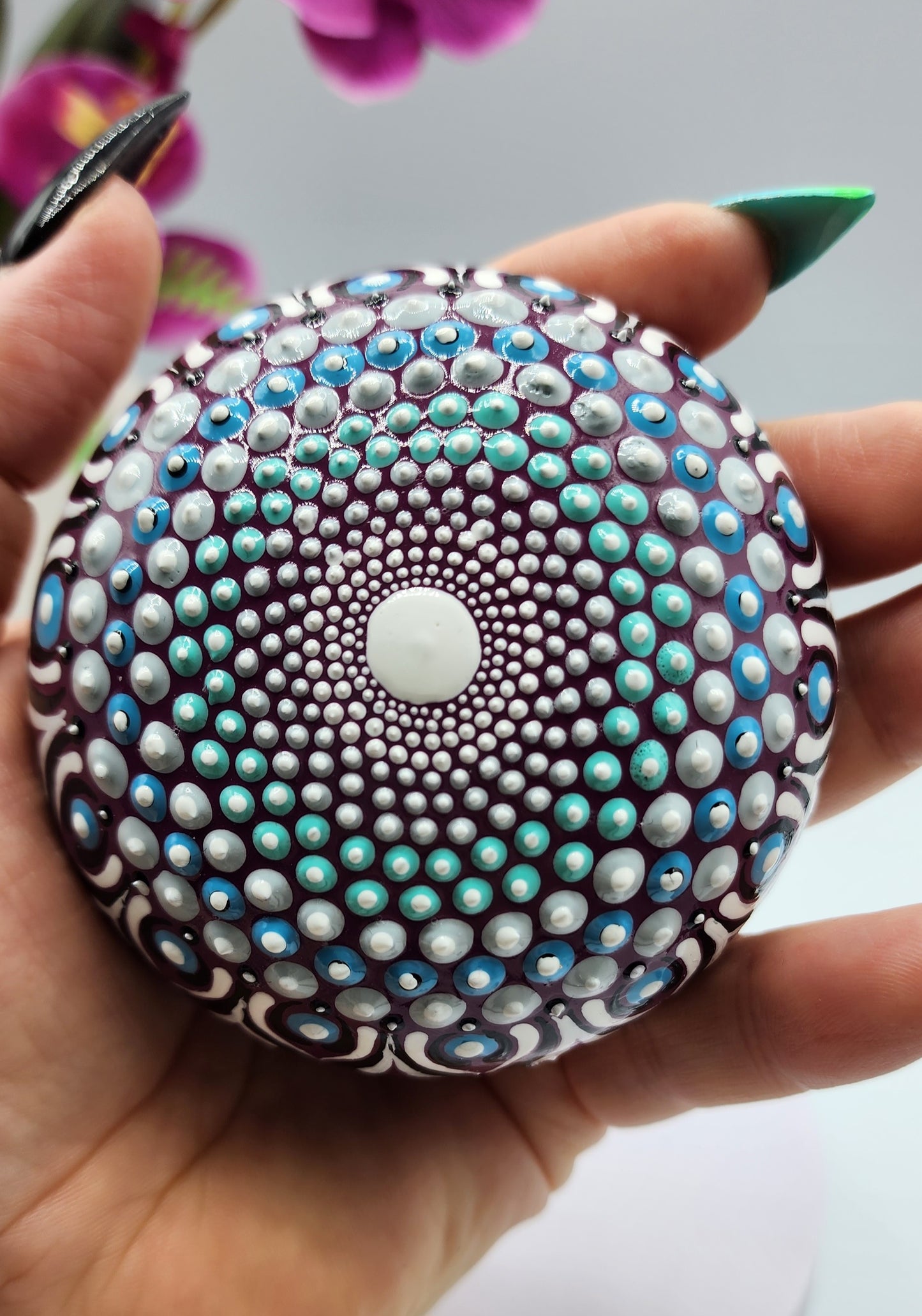 Celina Miller Art - Teal and Grey on Purple Mandala Stone