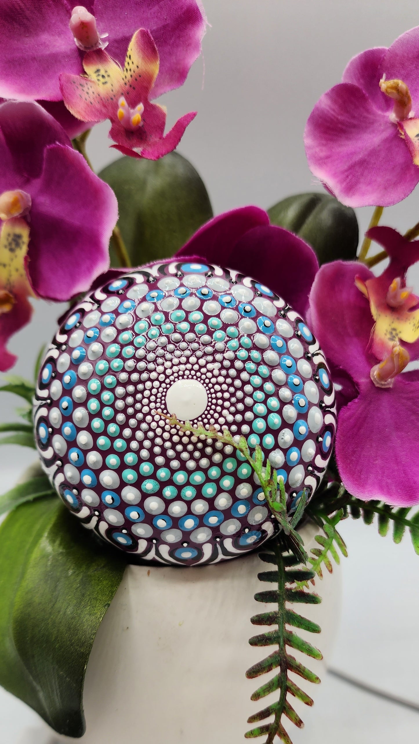 Celina Miller Art - Teal and Grey on Purple Mandala Stone