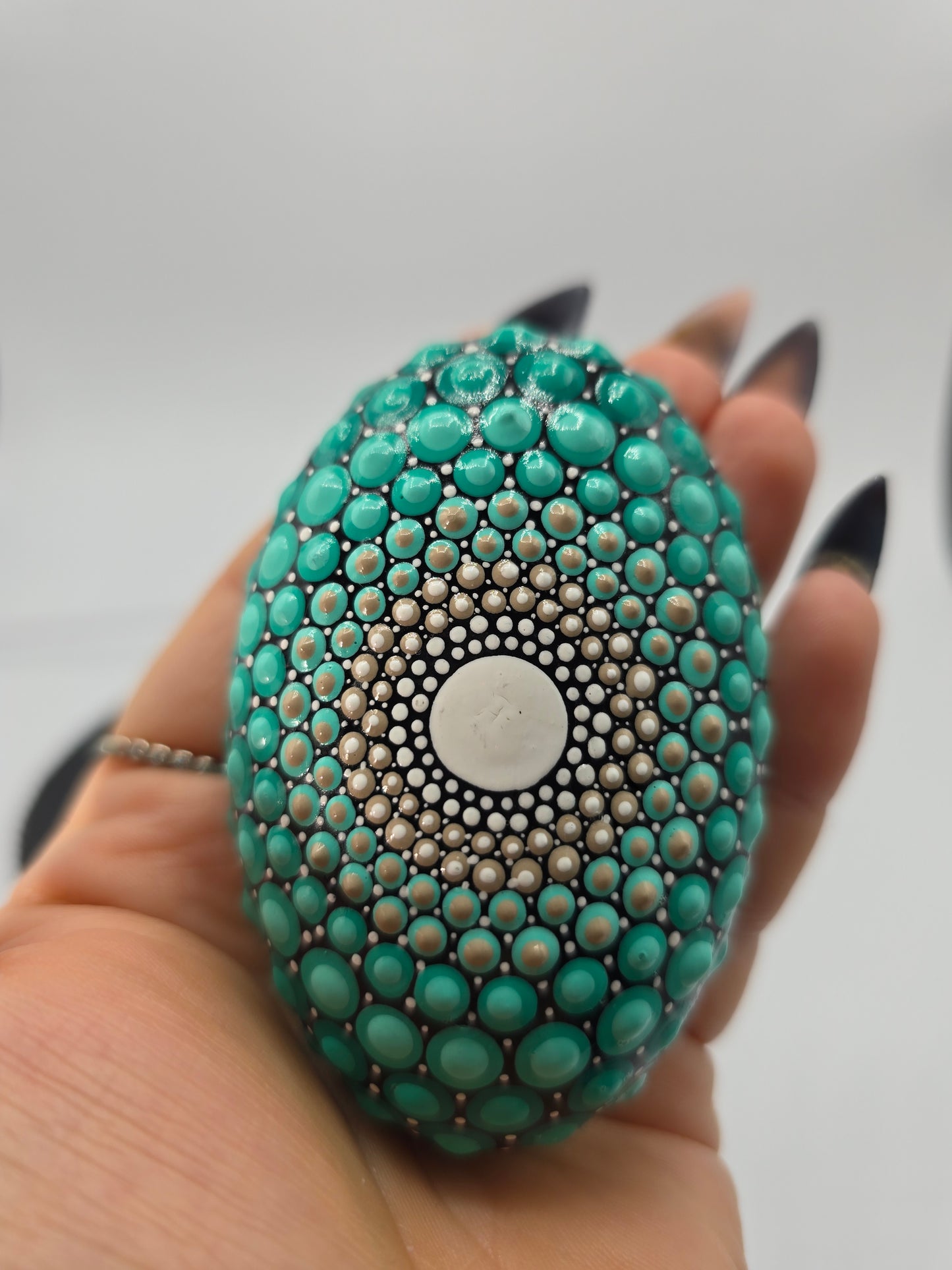 Celina Miller Art - Teal and White Mandala Palm Stone