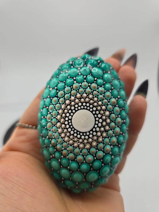 Celina Miller Art - Teal and White Mandala Palm Stone