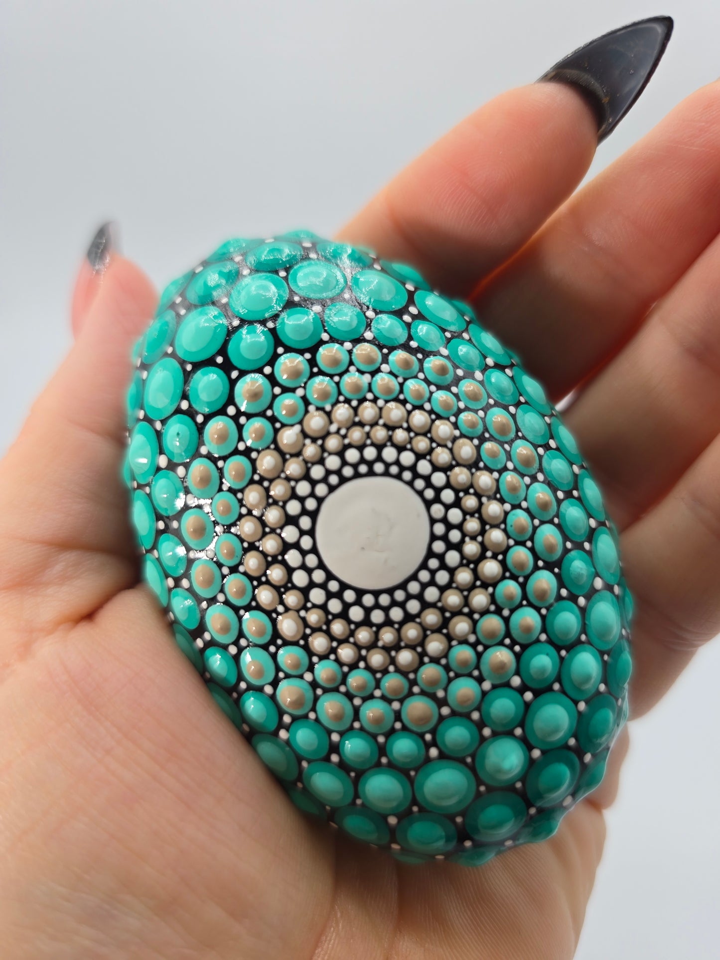 Celina Miller Art - Teal and White Mandala Palm Stone