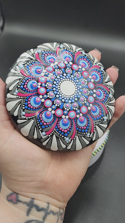 Celina Miller Art - Pink blue and Grey XL Mandala Stone